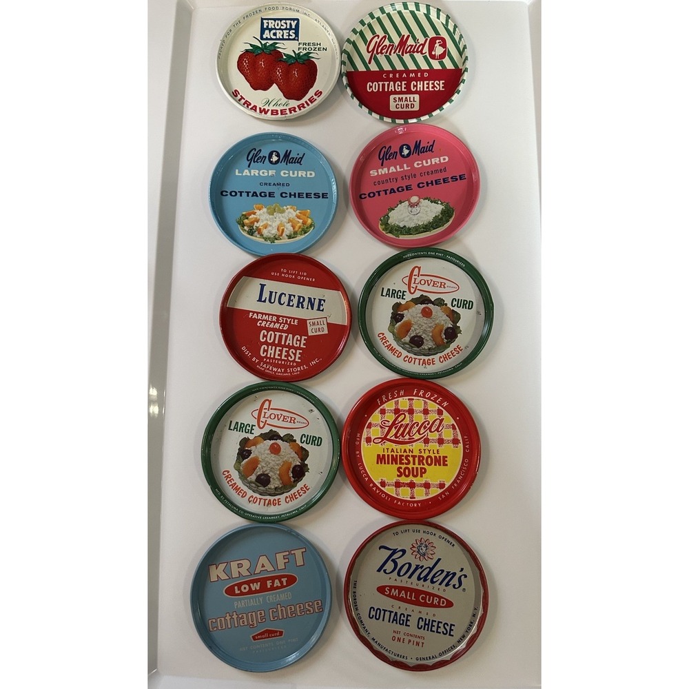 Vintage cottage cheese, strawberries, minestrone Soup. metal lids